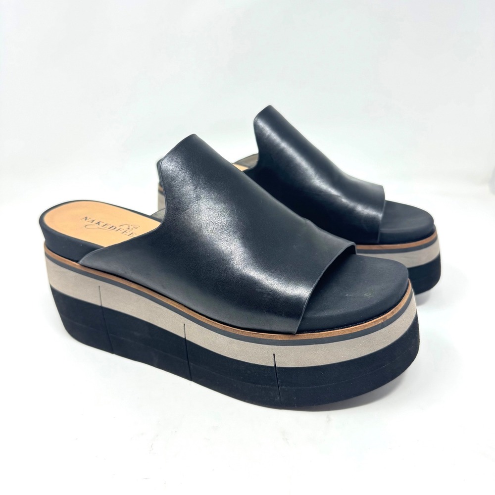 Naked Feet Flow Black Onyx Leather Platform Wedge Slide Sandals Women 7.5 M